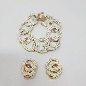 Vintage Gold Tone White Enamel Link Bracelet & Clip Earrings Set Chunky Retro